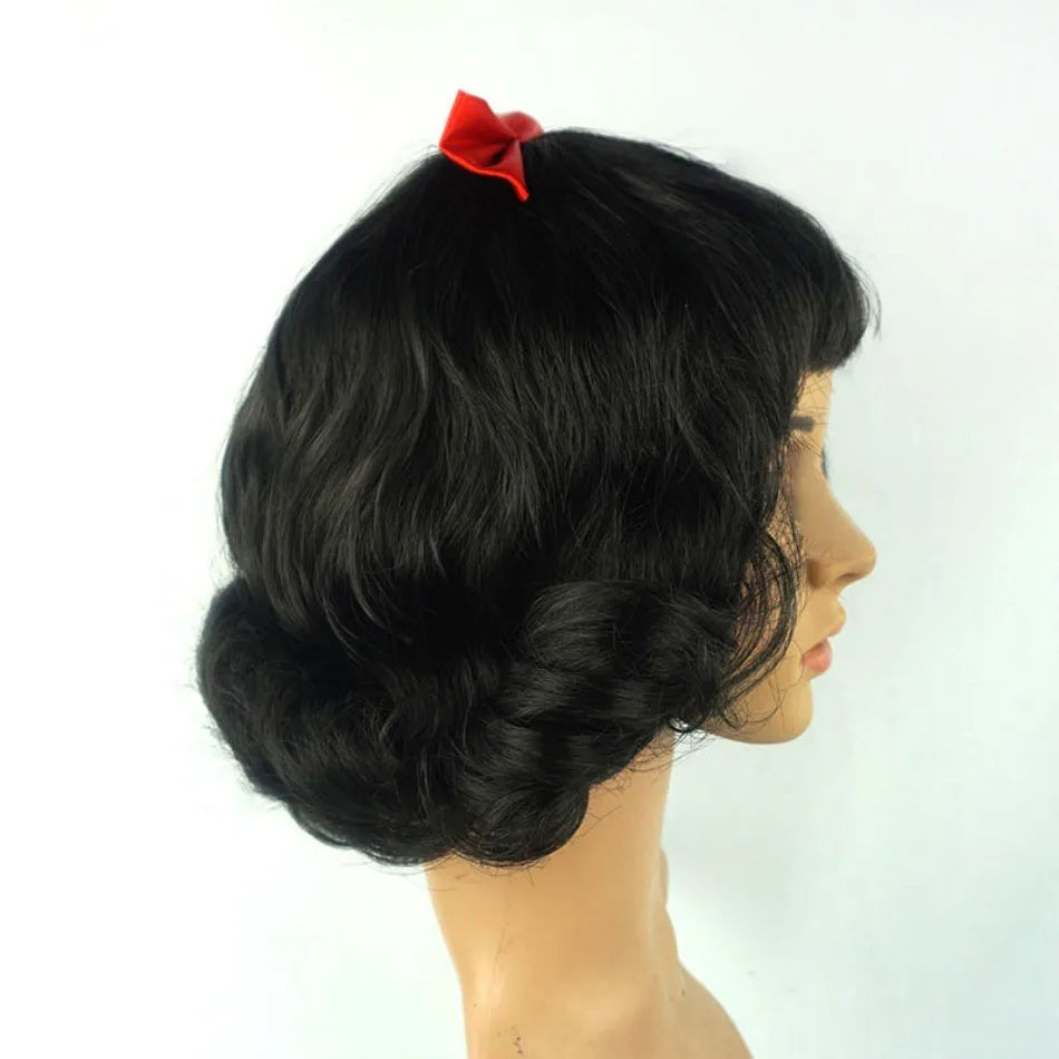 Cute Girls Snow White Dress Up Wig Girls Princess Cosplay Short Hair Black Curly Hair Wig with Red Bow  Role Play Props