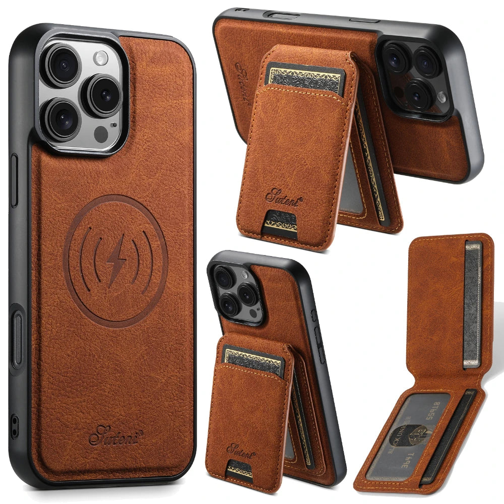 Leather for Magsafe Case for iPhone 16 15 Pro Max 16e 14 Plus 16Plus Bracket Magnetic Back Cover with Card Holder