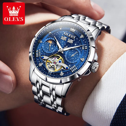 Automatic Watch Starry Sky Tourbillon Design Moon Phase Date Stainless steel Luminous Waterproof Wristwatch