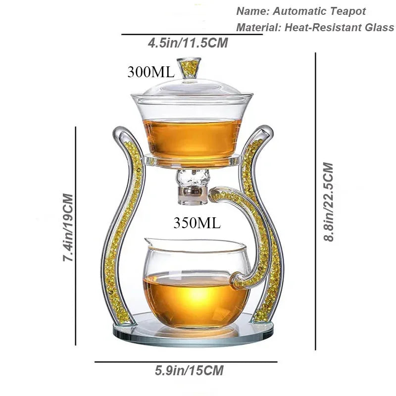 Glass Automatic Lazy Tea Set  Crystal Glass Teapot Set Rotating Cover Kung Fu Heat-Resistant Teapot 6 Cups