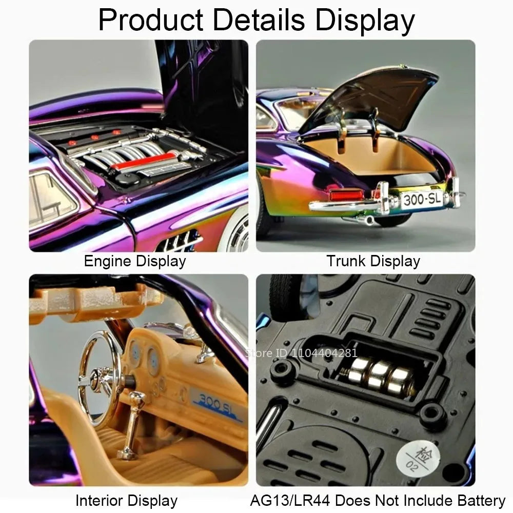 1:24 Phantom 300SL Alloy Diecast Vintage Car Miniature Model Toys Sound Light Pull Back Doors Opened Ornament s Festival Gift