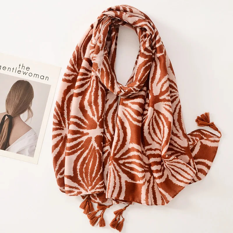 Beige Coffee Scarf Luxury Thin Women Scarves Spring Floral Hijab Veils Soft Cotton Shawl Wrap Tassel Viscose Muslim Woman Hijab