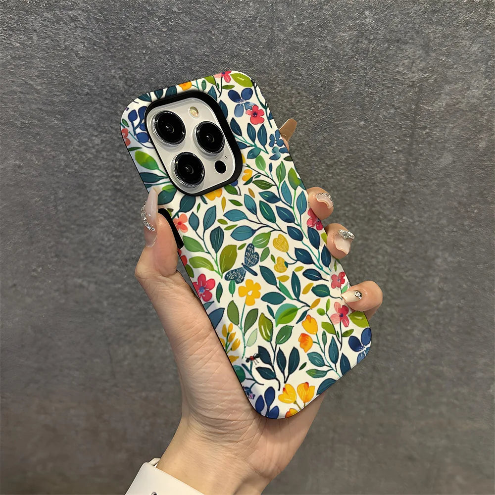 Flower Flora Green Leafs 2 in 1 Phone Case for iPhone 16 15 Pro Max 16 Plus Double Deck Shockproof Protective Cover