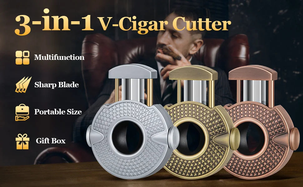 3-1 Cigar V Cutter with Stainless Steel Blade, Cigar Holder and Decompression Rotator, Round Cigar Cutter Ergonomically Designed