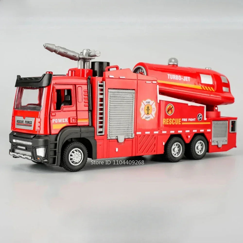1:32 Water Spray Fog Fire Truck Model Sweeper Toy Car Sound Light Pull Back Doors Opened Vehicles Collection  Gifts