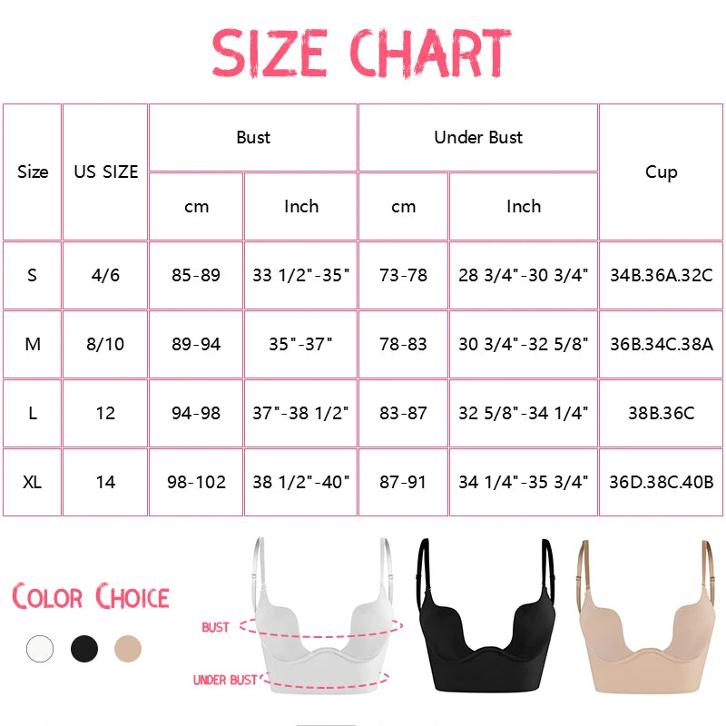 Plunge Bra Deep U Push Up Underwear Women Invisible Low Cut Backless Shapewear Padded Wedding Lingerie Multi-way Bralette
