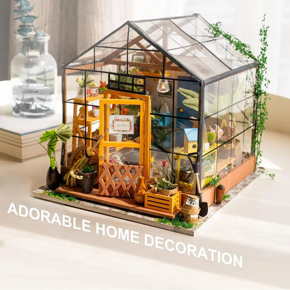 Mini Green House Cathy's Flower House DIY Dollhouse Wooden Miniature Furniture Kit with LED