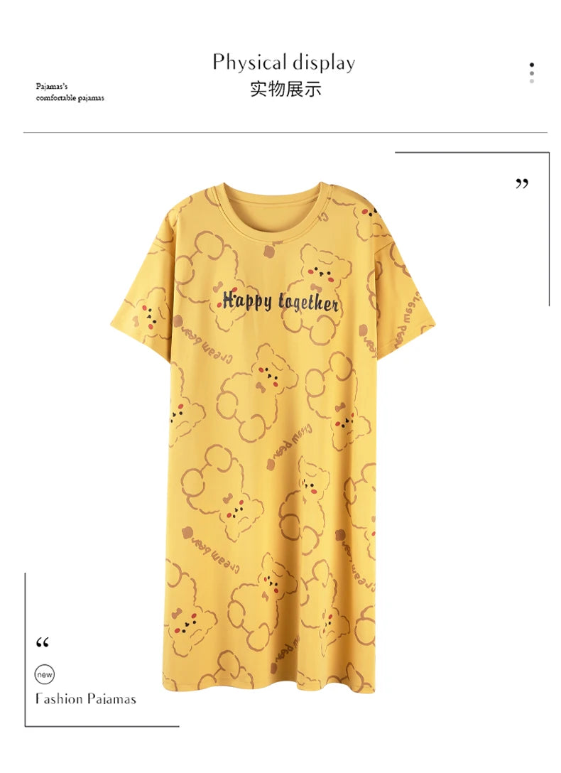 Women’s Cotton Nightgown – Korean Style Cute Print, Summer Short Sleeve Sleepwear Dress