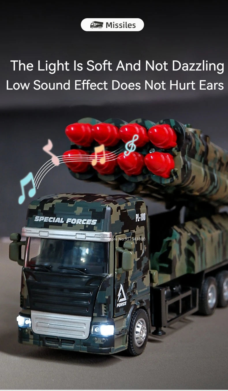 1/32 Missile Rocket Launcher Model Car Toy Metal Body Rubber Doors Opened Military Alloy Vehicle Models Ornaments Gifts for Boys