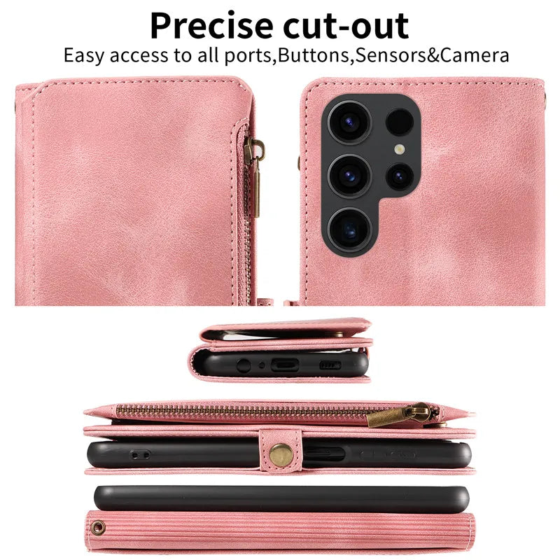 Luxury Leather Flip Wallet Case with Lanyard for Samsung Galaxy S26 / S25 / S24 / S23 Ultra & Plus – Magnetic Full Coverage Phone Bag Cover