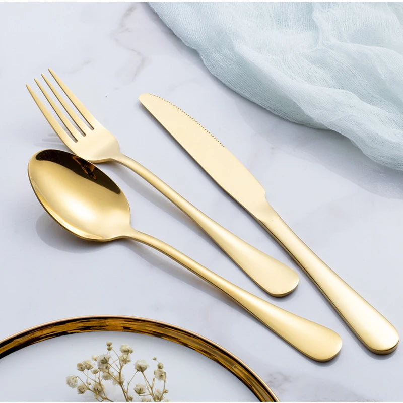 24pcs Golden Tableware Set Light Luxury Stainless Steel Cutlery Fork Knife Spoon Dinnerware Set Minimalist Decor with Gift Box