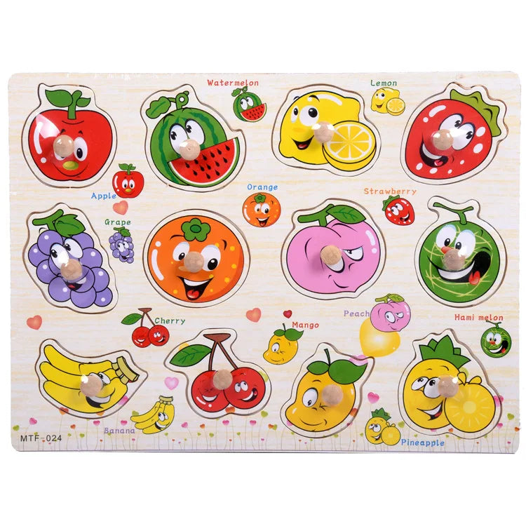 Montessori Wooden Puzzles Hand Grab Boards Toys Tangram Jigsaw  Educational Toys Cartoon Vehicle Animals Fruits 3D Puzzles