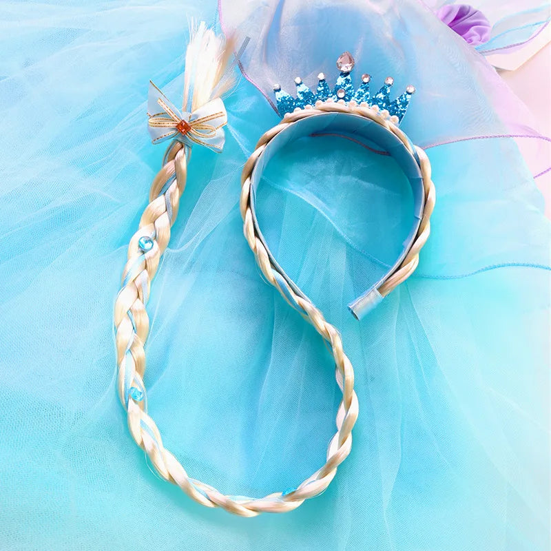 Girls Pink Blue Purple Flower Weaving Braid Headband Kids Princess Dress Up Hair Accessories Aurora Elsa Sofia Rapunzel Wig