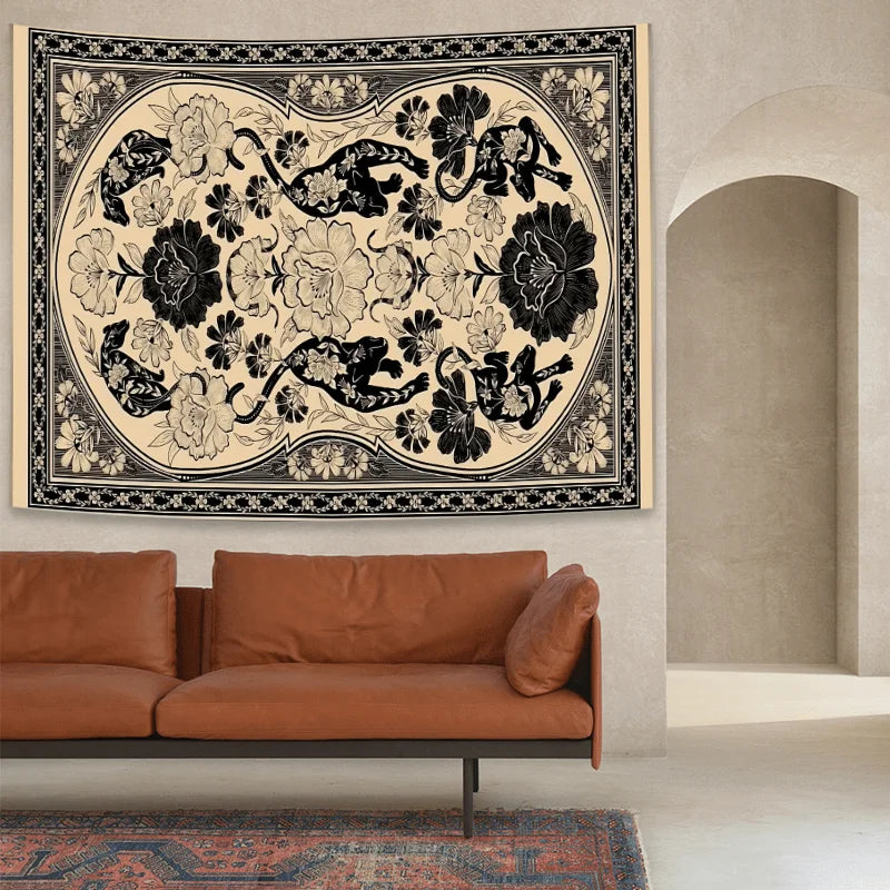 Art Black and White Leopard Print Floral Tapestry Retro Living Room Sofa Decor for Cafes Bohemian Style Home Decor