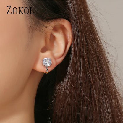 7mm Cubic Zirconia Round Piercing Clip Earrings for Women Fashion CZ Crystal Ear Cuffs