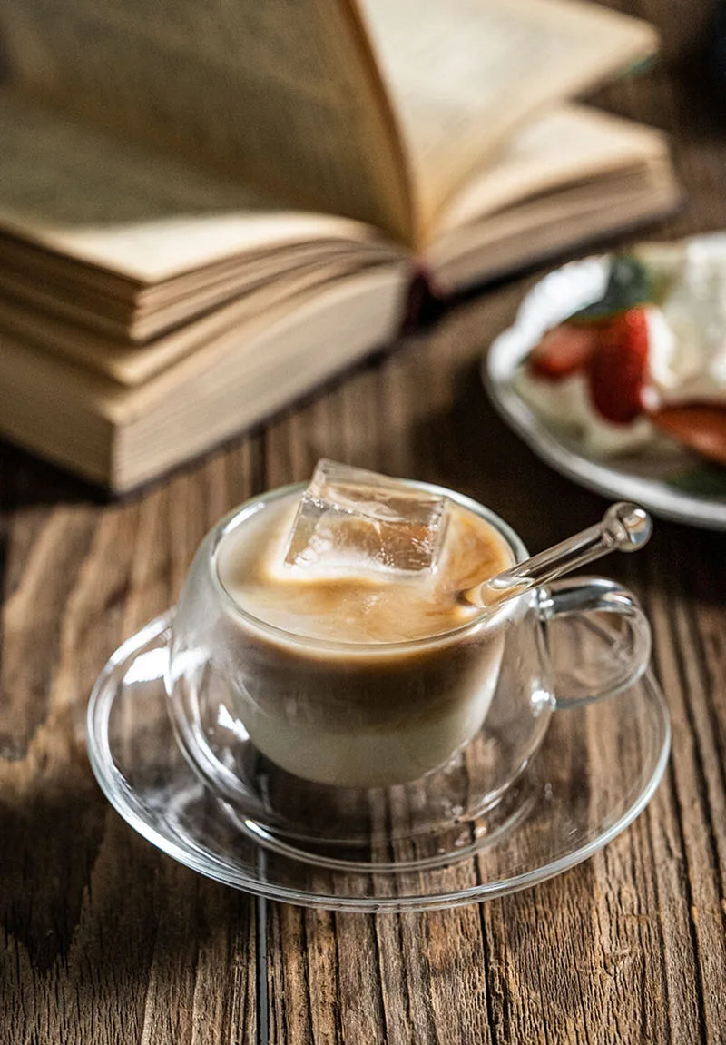 180/250ml Double Wall Glass With Dish And Spoon Clear Glass Espresso Cups Set Heat Resistant Handle Coffee Mug Drinkware