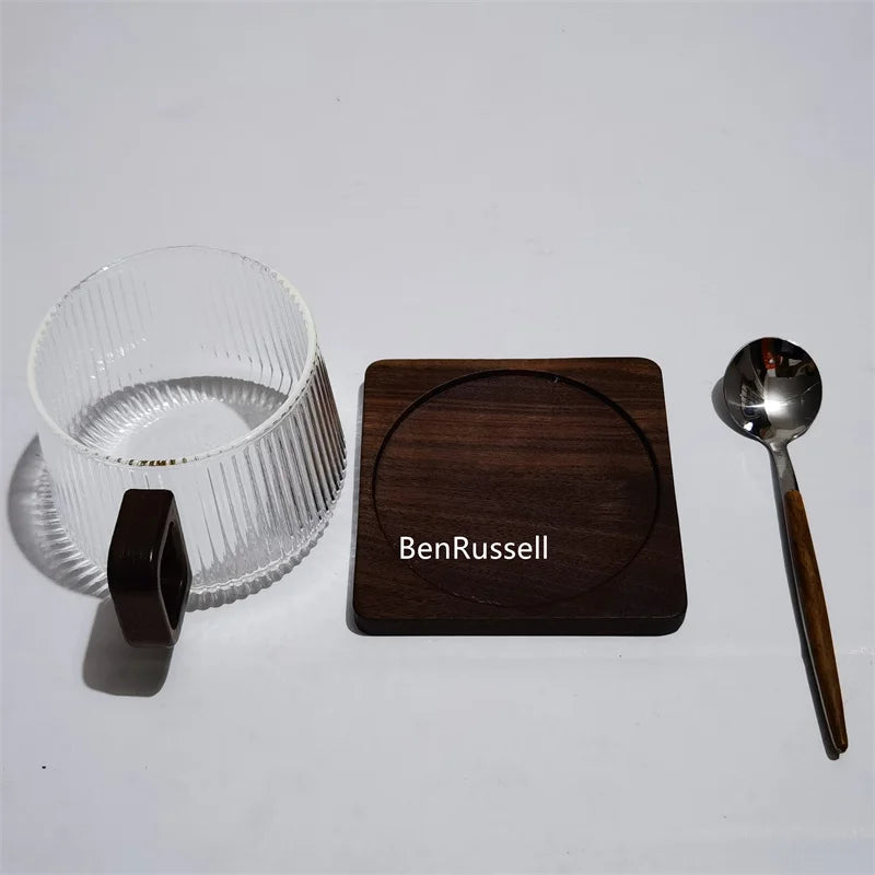 300ml Heat-resistant Stripe American Latte Glass Coffee Mug With Wooden Tray Spoon Milk Tea Cup Fresh Ground Coffee Cup