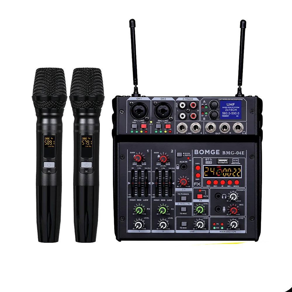 4 Channel Karaoke Audio Mixer with Dual UHF Wireless Microphones and Bluetooth