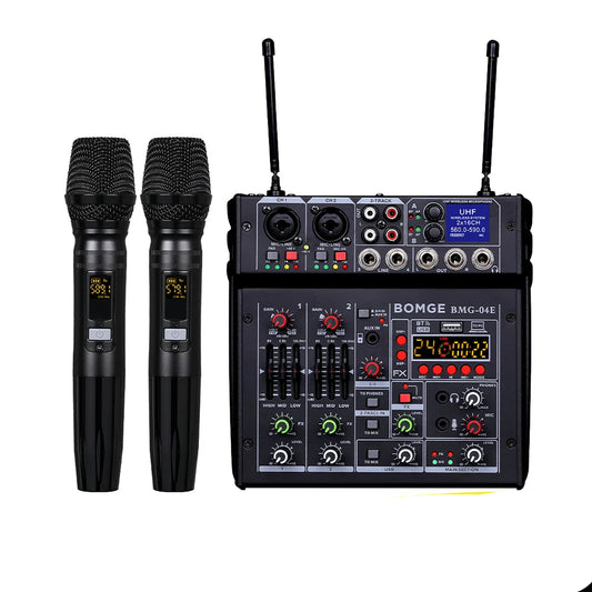 4 Channel Karaoke Audio Mixer with Dual UHF Wireless Microphones and Bluetooth