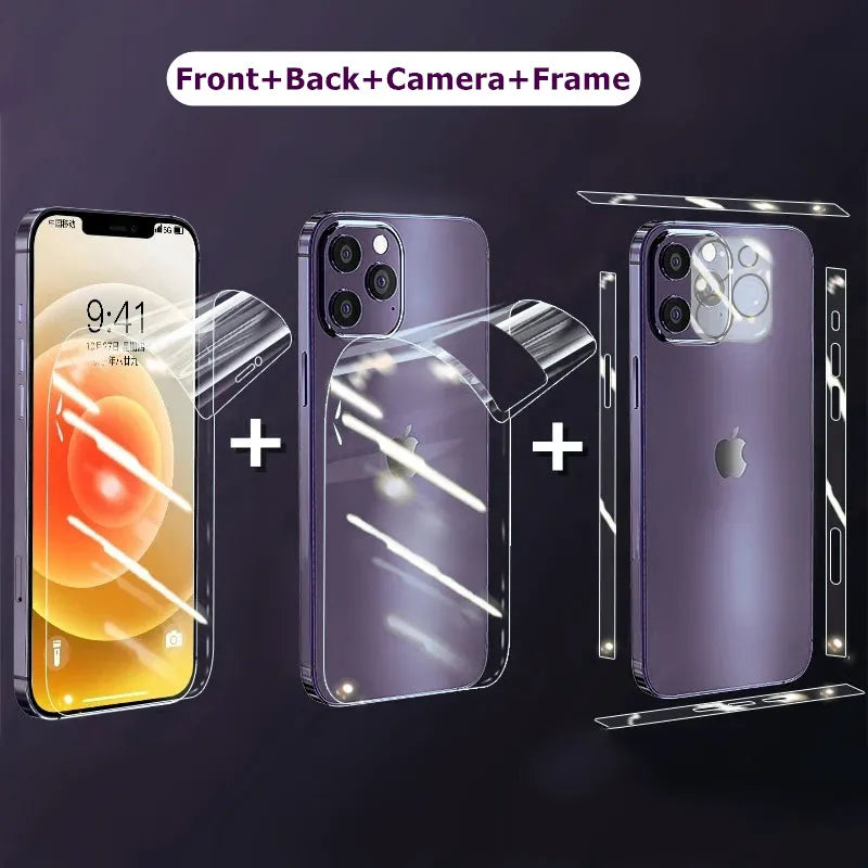 Full Body Hydrogel Film For iPhone 15 14 11 12 13 Pro Max Frame Front Back Screen Protector Camera Lens Protective Film Cover