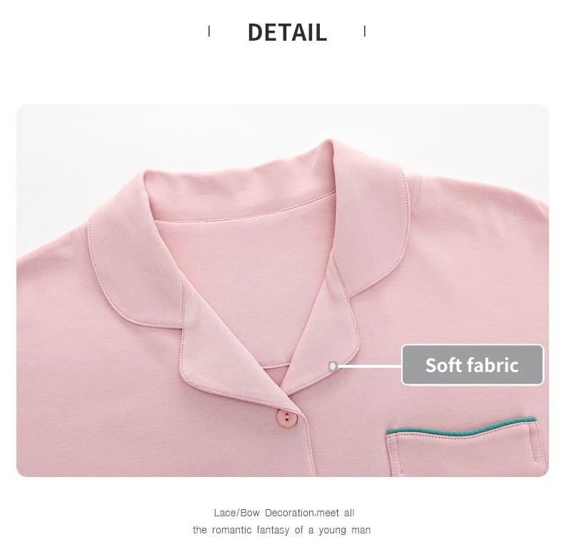 Women’s Winter 100% Cotton Pajama Set – Loose Fit, Turn-Down Collar, Long Sleeves, Cute Pink