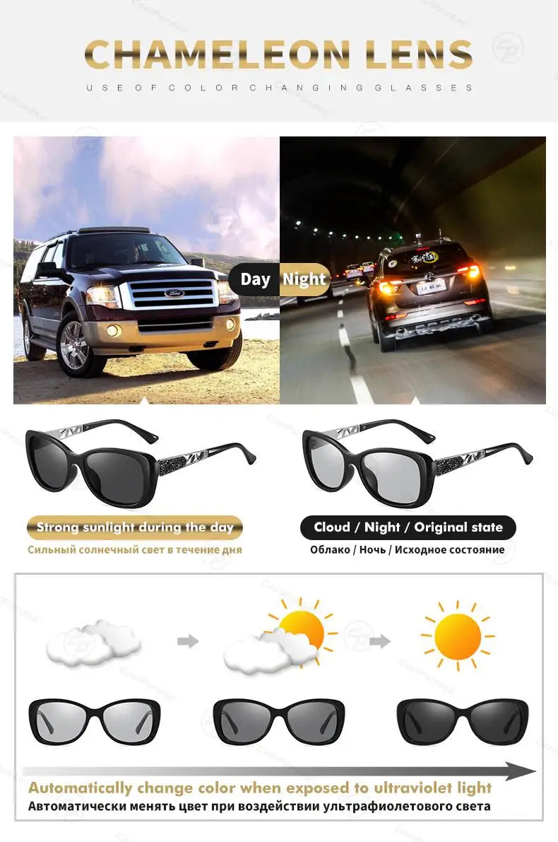 Diamond Frame Photochromic Polarized UV400 Fashion Sunglasses for Women Travel Glasses