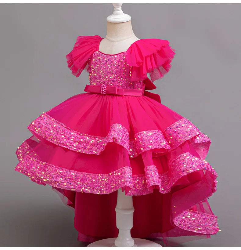 Sparkling Girls' Evening Gown - Sequin Dress with Train for Birthday Party & Piano Recital