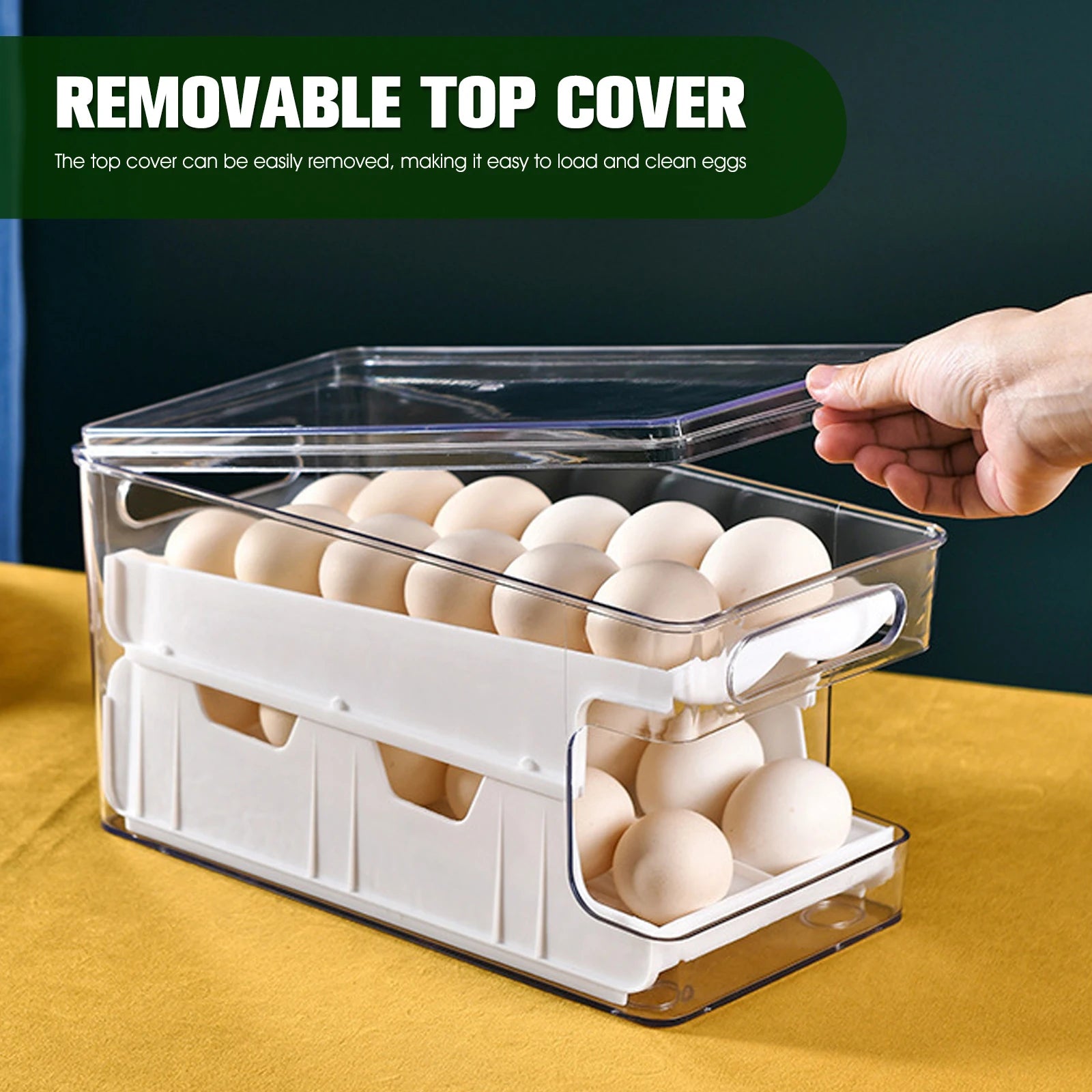 2-Layer 24-Egg Storage Container – Automatic Rolling Egg Holder Space-Saving Refrigerator Organizer