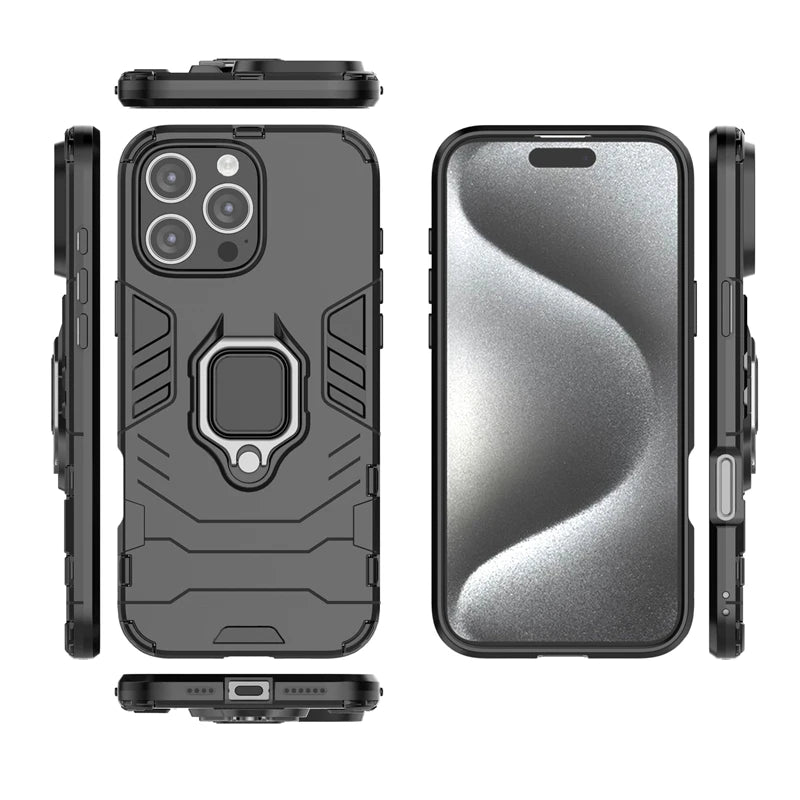 For iPhone 16 Pro Max Case For iPhone 16 Pro Max Cover Armor Silicone PC Finger Ring Stand Phone Shockproof Protector Case