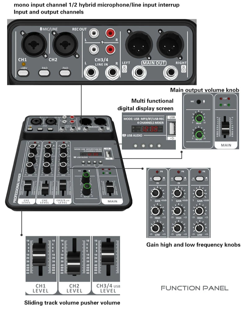 4 Channel Audio Recording Mixer With Bluetooth USB And 48V Phantom Power Light Grey