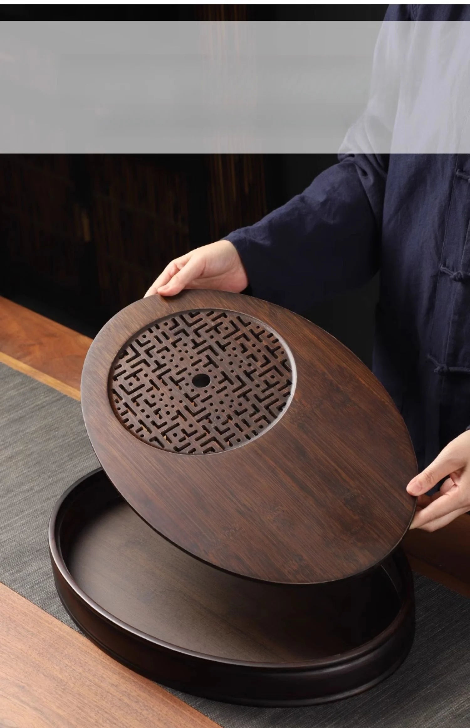 Chinese Tea Ceremony Culture Oval Tea Tray Natural Bamboo Hollow Drainage Storage Tea Tray Home Solid Wood Storage Tray
