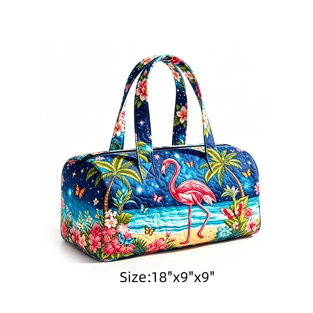 Tropical Starry Night Duffel Bag Flamingo Palm Tree Print Travel Navy Blue Quilted Overnight Bag for Women Summer Beach Vacation