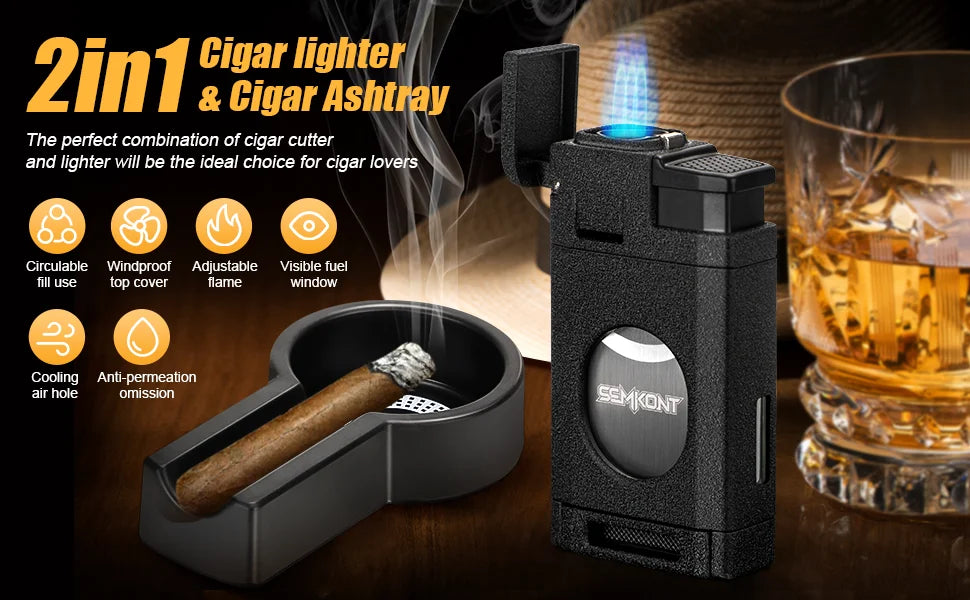 Cigar Lighter Triple Jet Flame Cigar Cutter Windproof Butane Refillable Torch Lighters 2 in 1 Multifunctional Ashtray Set