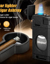 Cigar Lighter Triple Jet Flame Cigar Cutter Windproof Butane Refillable Torch Lighters 2 in 1 Multifunctional Ashtray Set