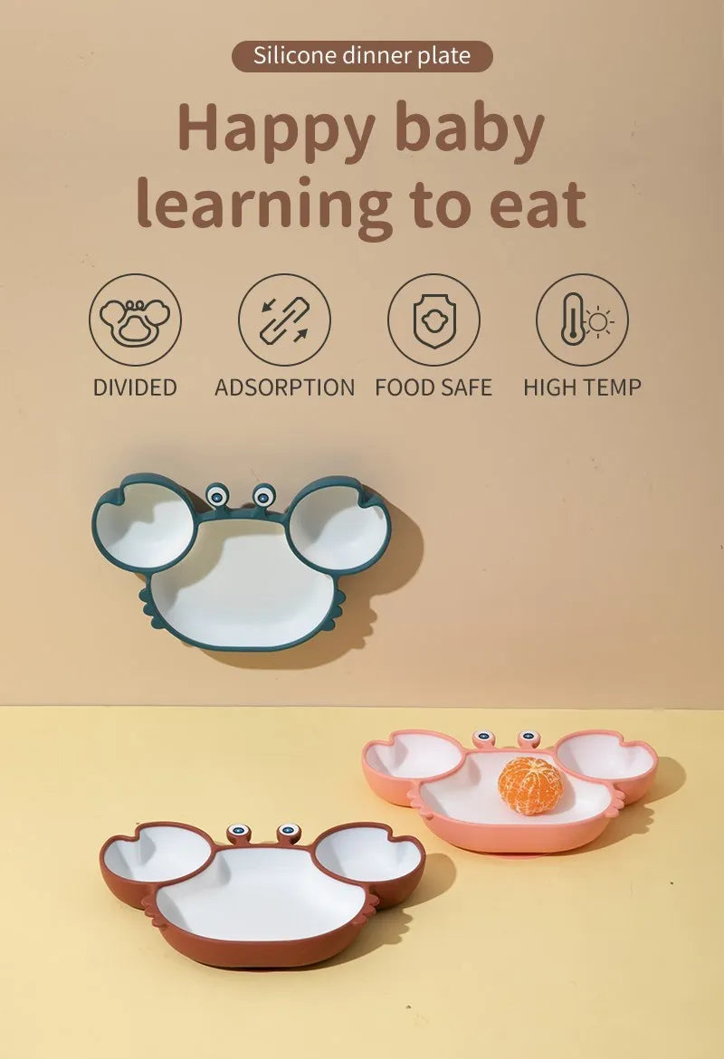 Baby Dish Baby Bowls Plates and Spoons Set Crab Kawaii Dishes Food Silicone Feeding Bowl Non-Slip Babies Tableware Kids Stuff