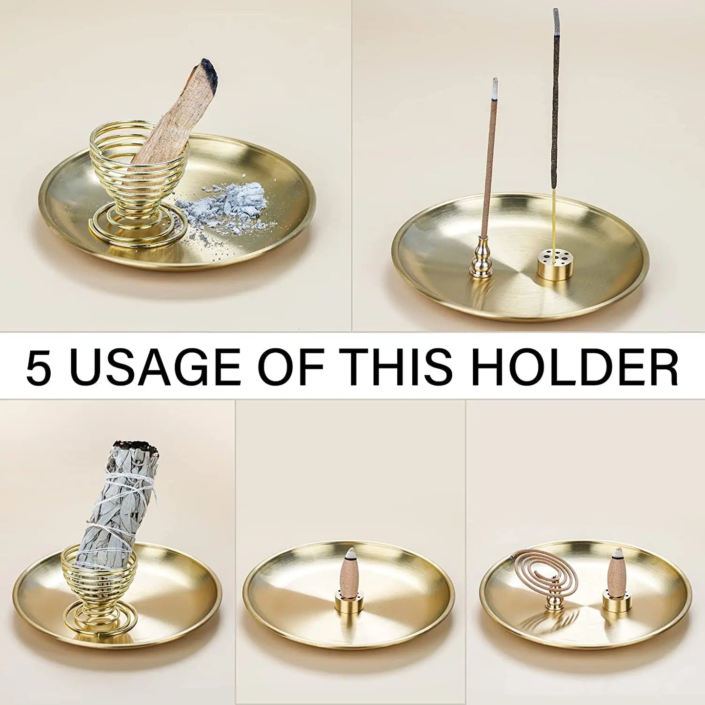 5 in 1 Metal Incense Burner Brass Incense Holder Palo Santo Holder Sage Holder Incense Tray Ash Catcher Home Decor