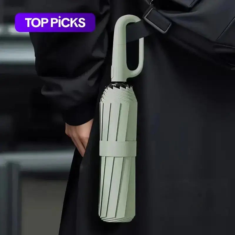 20 Bones Windproof Strong 105CM Reinforced Automatic Folding Umbrella Large Carabiner Handle Wind Resistant Water Resistant UV Protection