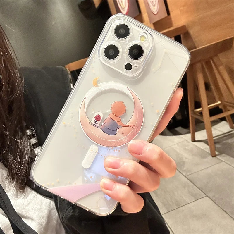Cartoon Transparent MagSafe  Prince Case for iPhone 16 14 15 Pro Max 15 Plus Wireless Charging Protective Cover