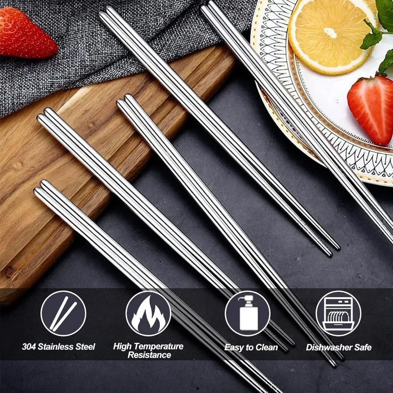 10/1Pairs Stainless Steel Chopsticks Reusable Japanese Sushi Food Metal Chopstick Household Kitchen Stick Tableware Cutlery Sets