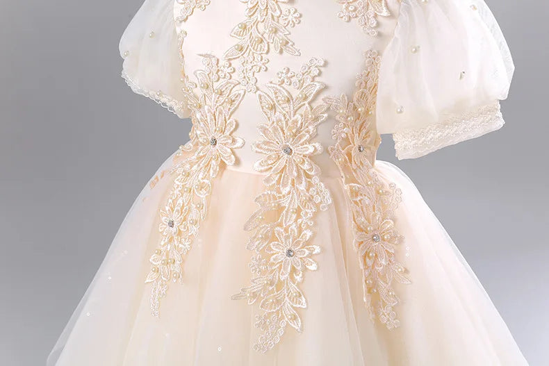 Girls Princess Ball Gown - Fluffy Tulle Party Dress for Flower Girl/Birthday/Pageant | Sparkly Puffy Sleeve Wedding Dress