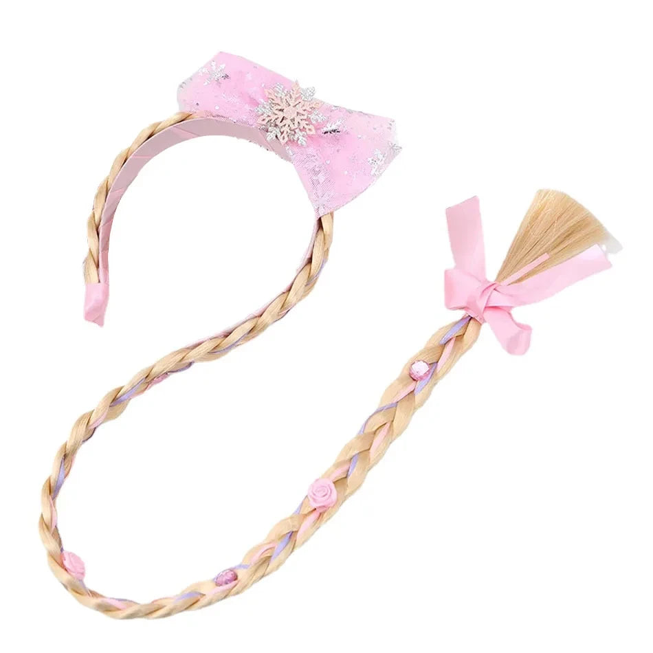 Princess Girls Flowers Headband Flower Fary Dress Up Weaving Long Braid Wig Headband Kids Halloween Rapunzel Cosplay Head Wear