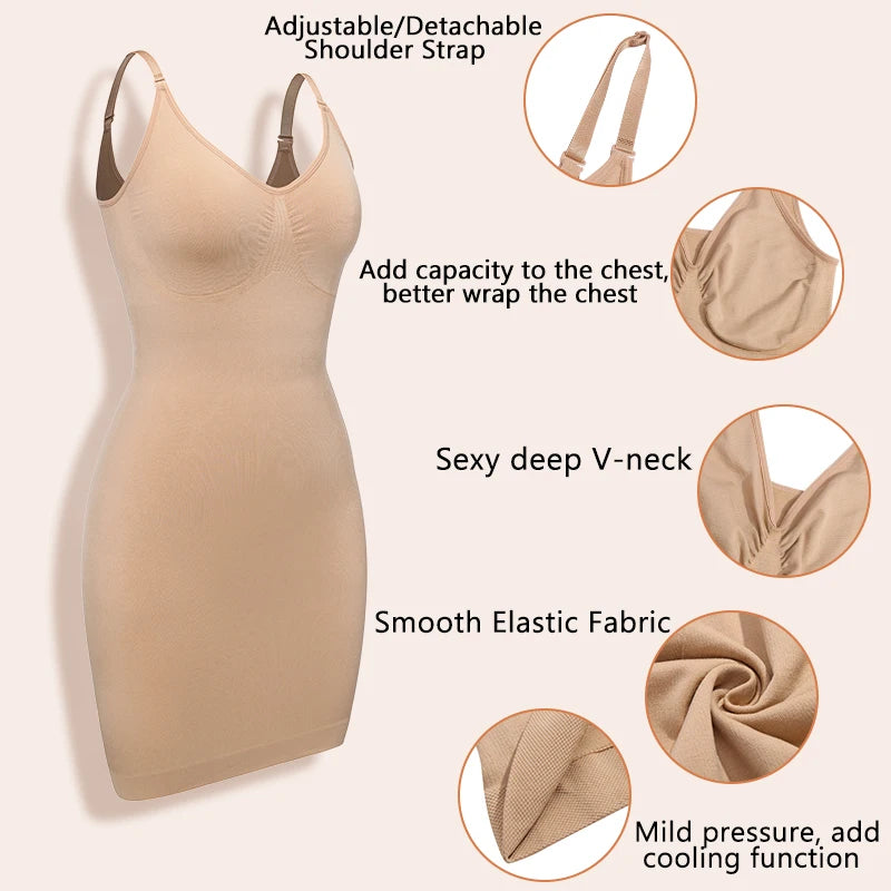 Women V Neck Full Slip Shapewear Push Up Waist Trainer Bodysuits Tummy Control Butt Lifter Under Dress Corsets