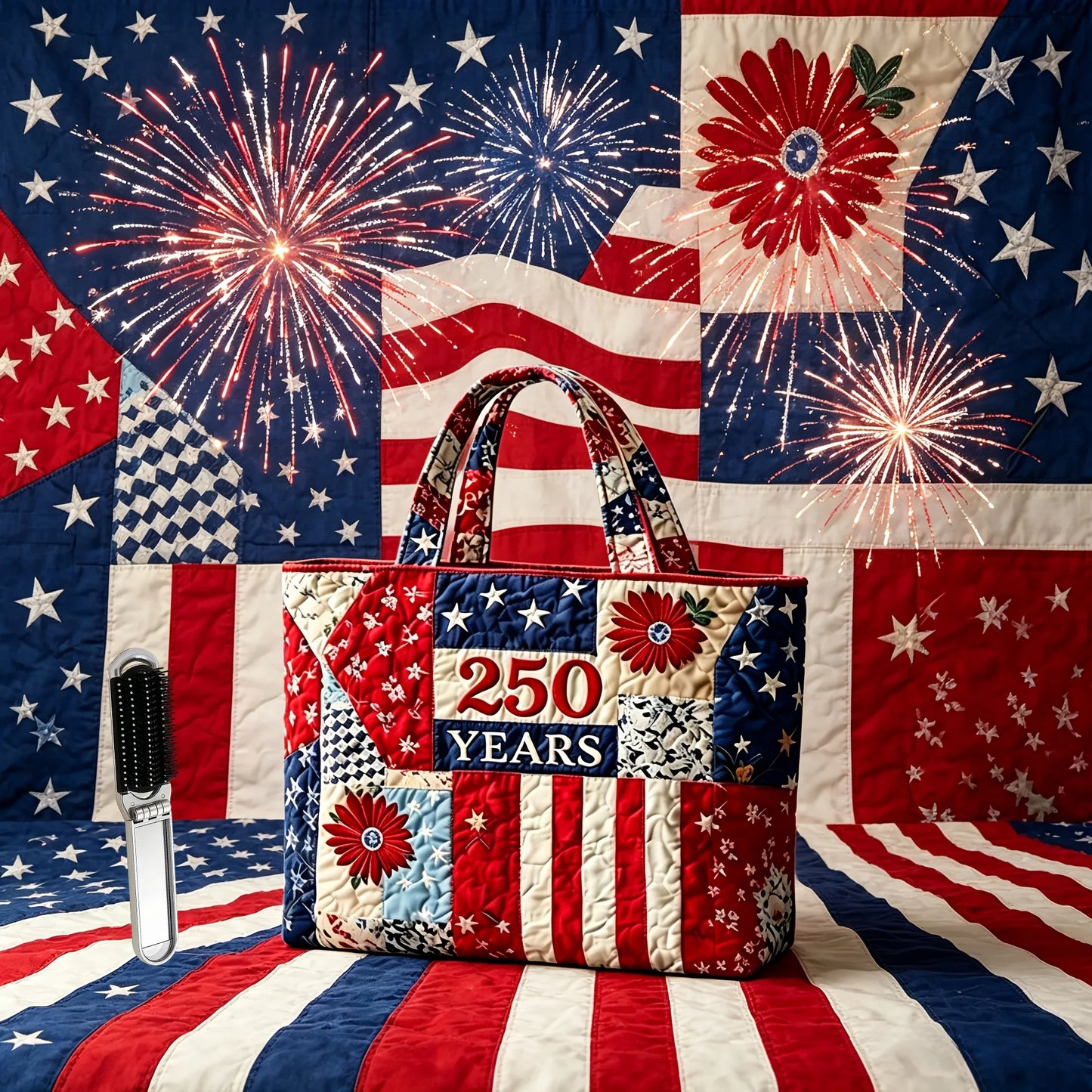 Patriotic Quilted Tote Bag 250 Years American Flag Patchwork Shoulder Handbag