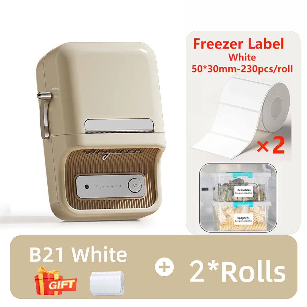 B21 Kitchen Label Printer, Bluetooth Wireless Thermal Label Maker 20–50mm, Inkless Freezer Sticker Printer for Home & Food Storage
