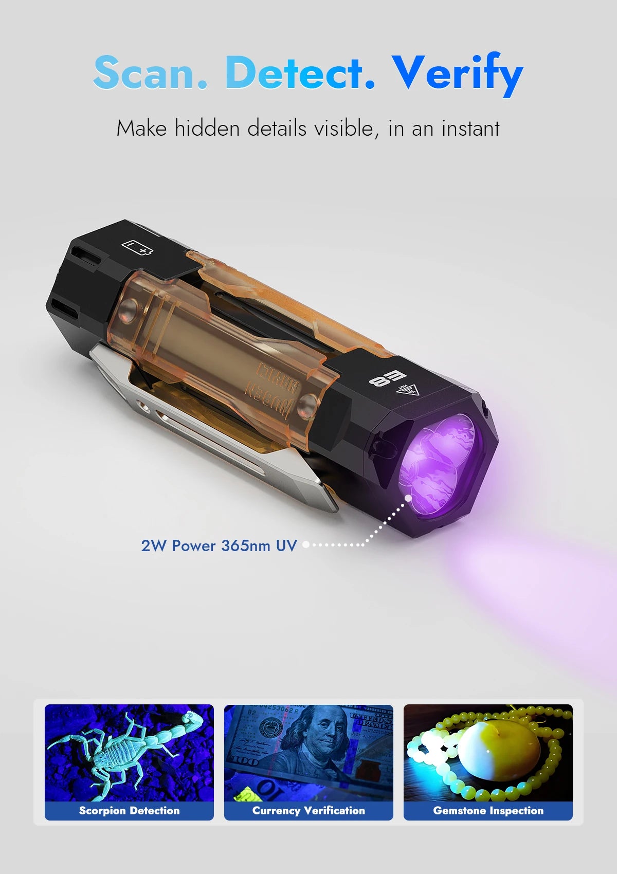 1300 Lumen Rechargeable EDC Flashlight With UV Light And Magnetic Panels