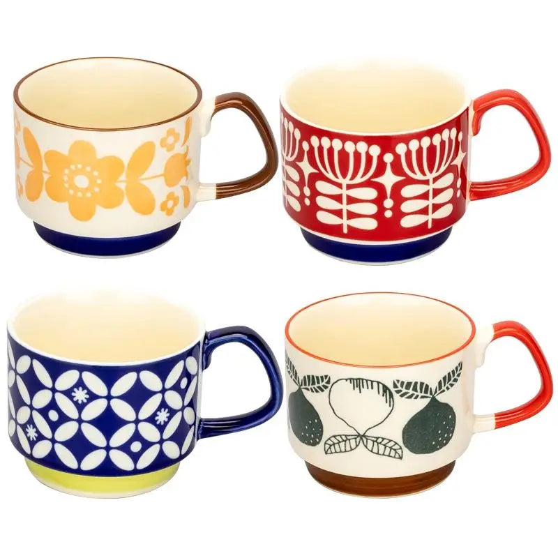 Japanese Flower Coffee Mug Set Retro Ceramic Milk Oats Mug Office Water Handgrip Cup Kitchen Party Drinkware Set 300ml
