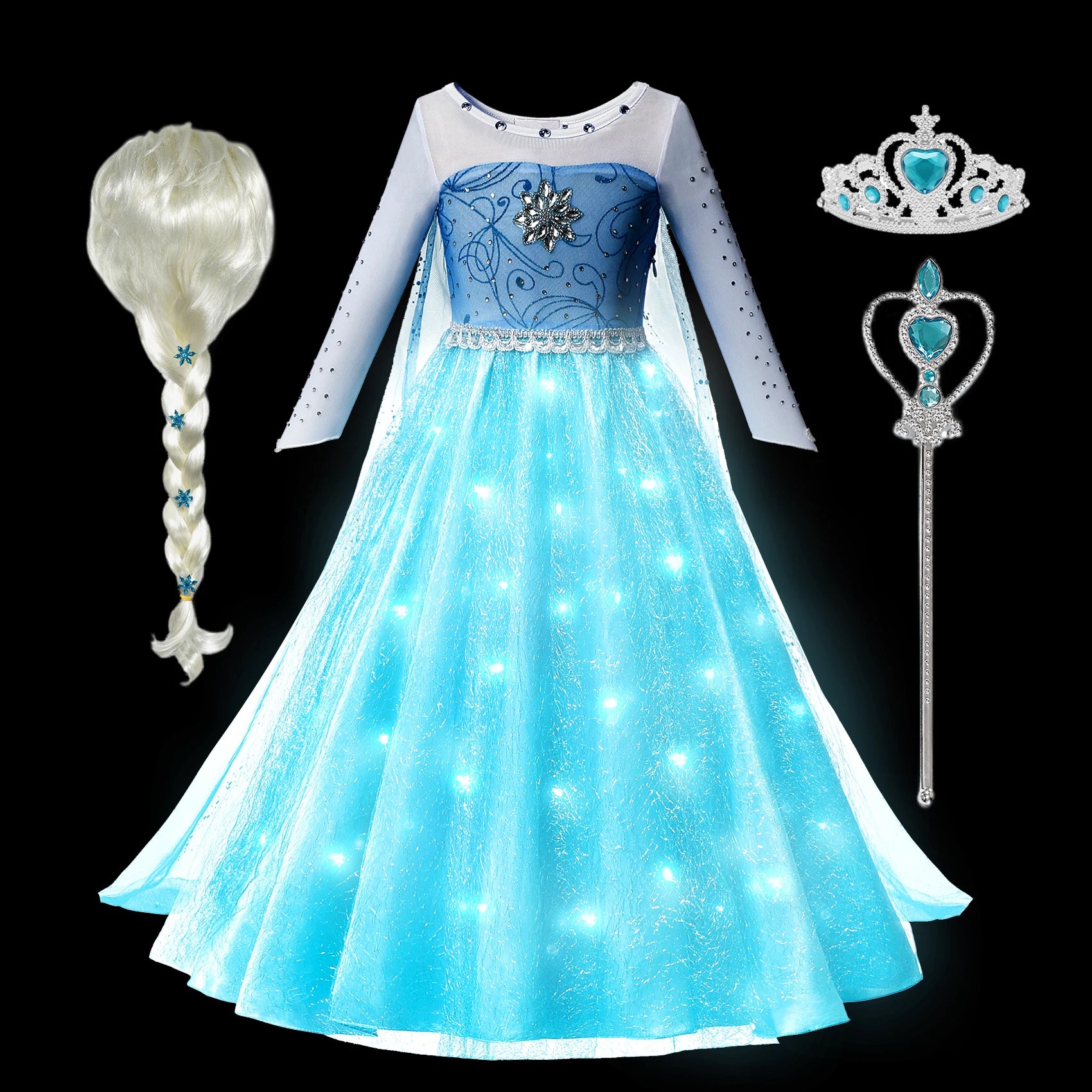 Frozen Elsa Snow Queen Princess Girls LED Light Up Dress Halloween Carnival Clothing Party  Cosplay Costume