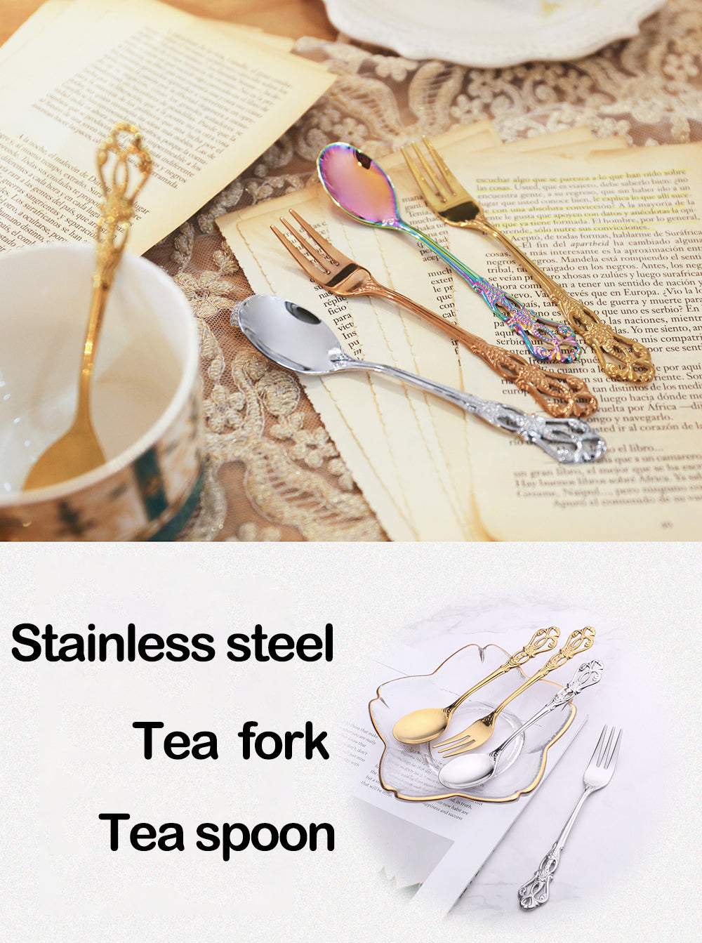 Stainless Steel Small Spoon Gold Royal Mini Spoon Fork for Dessert Coffee Fruit Tea Western Tableware Silverware Gift Home Docor