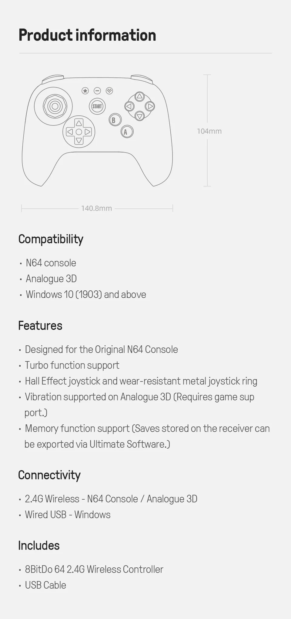 Wireless Retro Gaming Controller with Hall Effect Joystick for Nintendo 64 and Analogue 3D