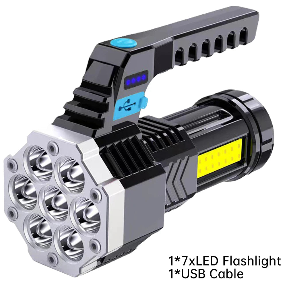 High Power 7 LED Flashlight Rechargeable USB Torch with COB Side Light Portable Outdoor Work Lamp